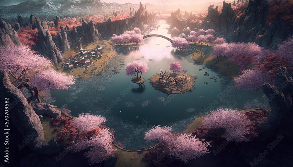  a painting of a river surrounded by trees and rocks with a bridge in the middle of the river and a bridge in the middle of the water.  generative ai
