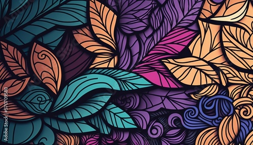  a painting of a bunch of leaves on a purple background with blue  orange  and pink colors on it s sides and bottom half of the image.  generative ai