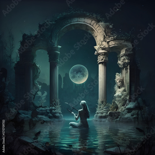 A mermaid singing a haunting melody in a moonlit lagoon, surrounded by the ruins of an underwater city AI generative