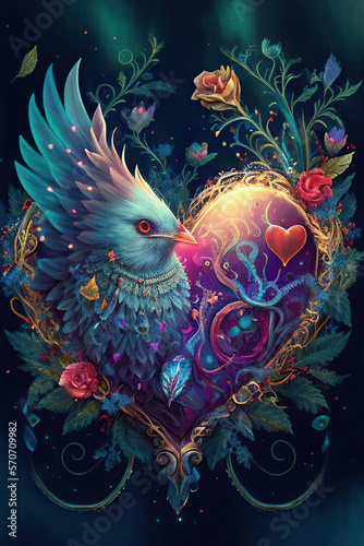 Beautiful heart with flowers, green leaves and a blue fantasy bird, dark background, love, valentine, fantasy illustration, vertical, Generative AI