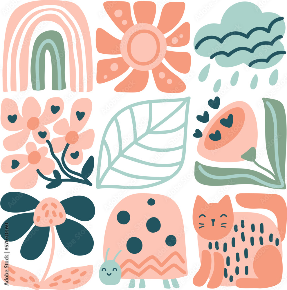 Vector spring ethnic logo composition pattern of rainbow, sun, cloud leaf, cat flower, ladybug. Cute boho illustration in hand drawn constructor in square for scandinavian greeting card Vector spring ethnic logo composition pattern of rainbow, sun, cloud leaf, cat flower, ladybug. Cute boho illustration in hand drawn constructor in square for scandinavian greeting card