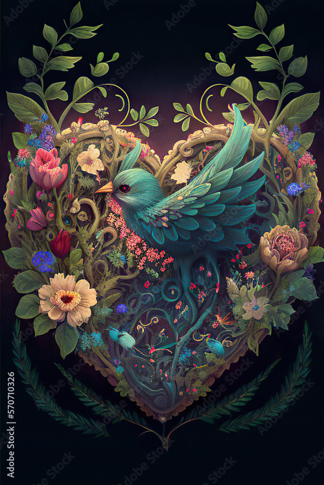 Beautiful heart with flowers, green leaves and a bird, dark background, love, valentine, fantasy illustration, vertical, Generative AI