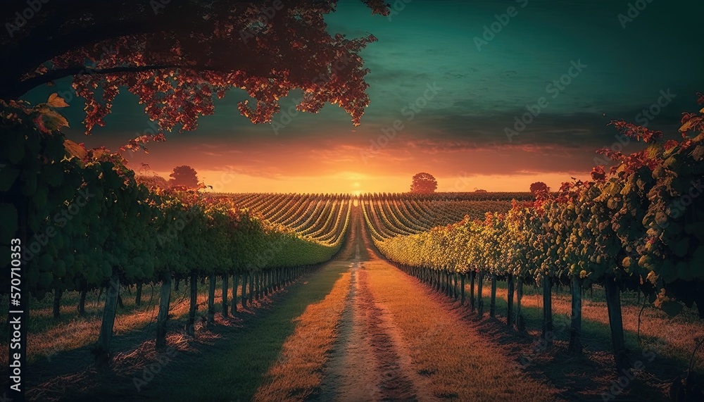  the sun is setting over a vineyard in the country side of the country side, with rows of vines in the foreground, and a field in the foreground.  generative ai