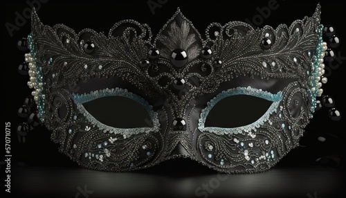  a masquerade mask on a black background with a black background and a white mask with beads and beads on the side of the mask. generative ai