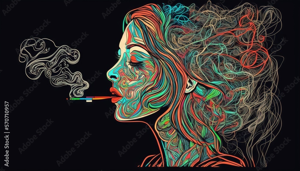  a woman smoking a cigarette with colorful smoke coming out of her mouth and hair blowing in the wind, on a black background with a black background.  generative ai