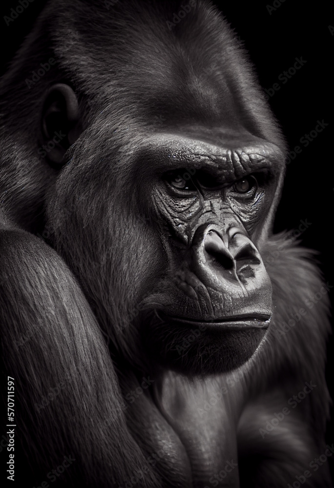 Fototapeta premium Schwarz weiß Portrait von einem Gorilla. Perfektes Wandbild - Generative Ai