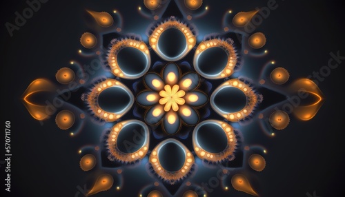  a computer generated image of a flower with many lights in the middle of it and a black background with a yellow center in the middle.  generative ai