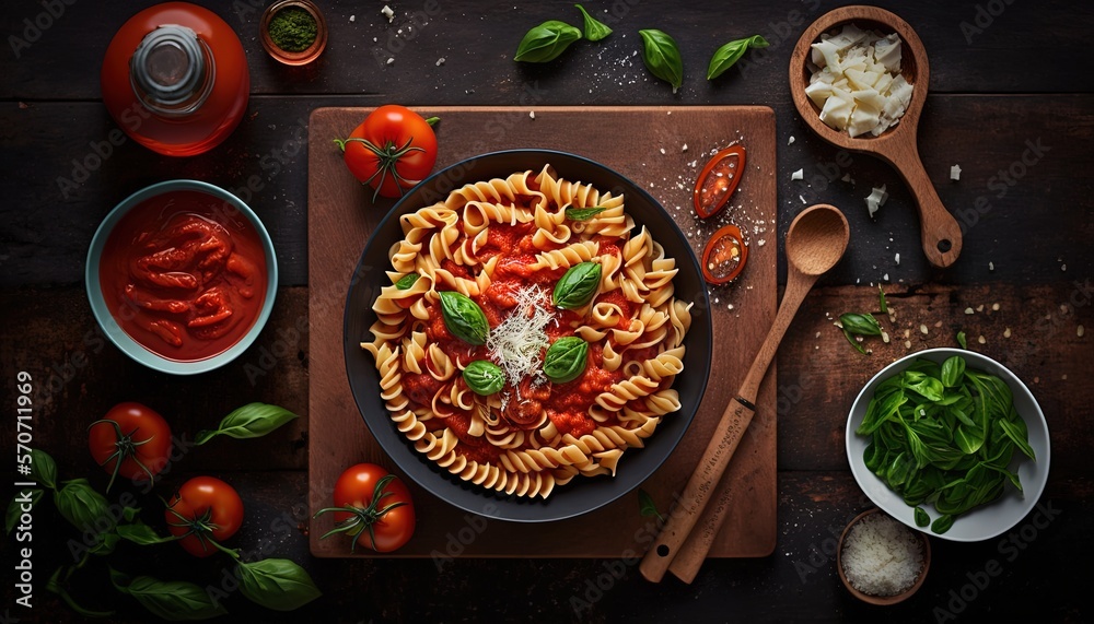  a bowl of pasta with tomatoes, basil, parmesan cheese and sauce on a cutting board with spoons and spoons next to it.  generative ai