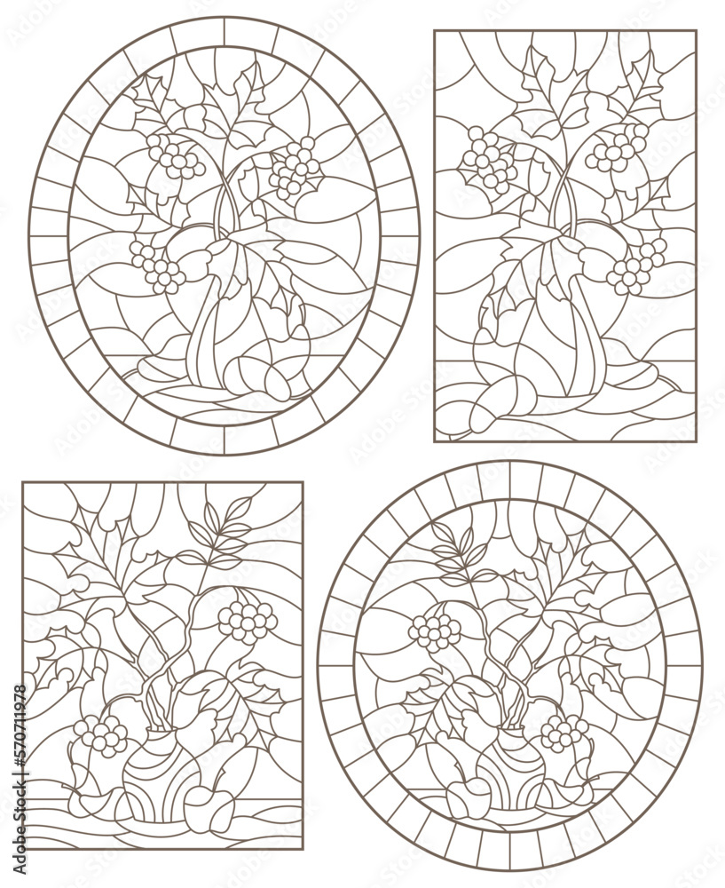 Set contour illustrations of stained glass with autumn still life, tree branches in vases and fruit, oval images Set contour illustrations of stained glass with autumn still life, tree branches in vases and fruit, oval images