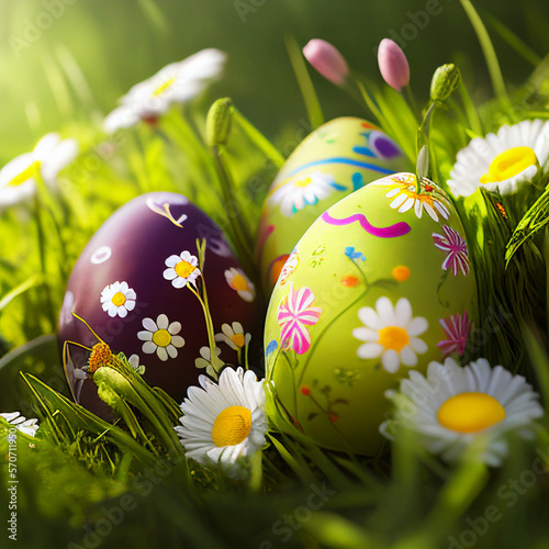 Illustration of Easter Eggs lay in the grass on the spring meadow. Generative AI
