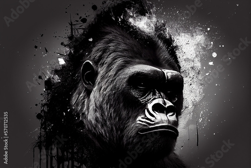 Abstraktes schwarz weißes Gorilla Kunstwerk mit Farbspritzer. Perfektes Wandbild - Generative Ai