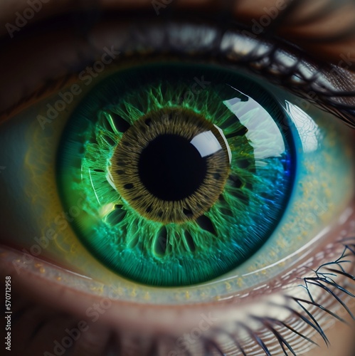 close up human eye of blue and green colour