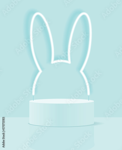 Minimalist 3D Pastel Blue Vector Composition with a Low Cylindrical Podium and a White Neon Bunny Ears in the Background, ideal for Product Presentation. Simple Geometric Mokup Product Display.