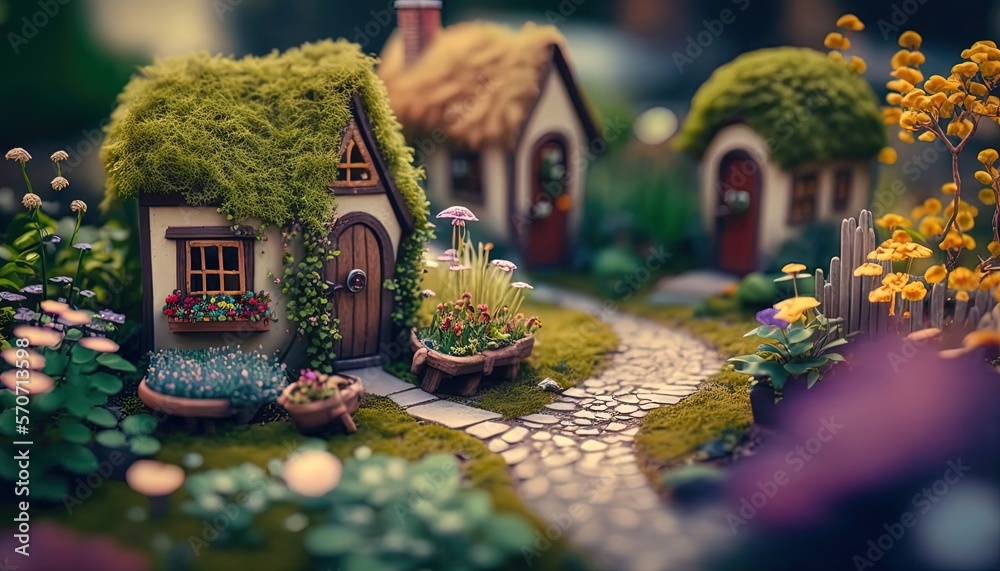 cute fairy house village garden with cute pebble paved road, Generative