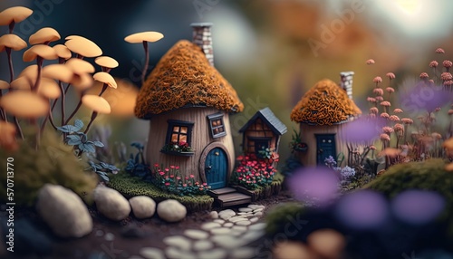 cute fairy house village garden with cute pebble paved road, Generative Ai