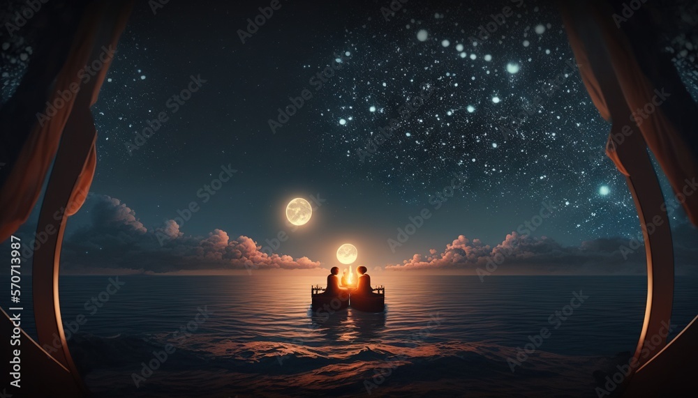 two people are sitting on a boat in the ocean at night with the moon in ...