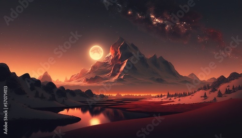  a painting of a mountain range with a lake in the foreground and a full moon in the sky in the background with a red hue. generative ai