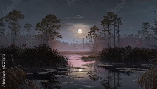  a painting of a swamp at night with a full moon in the sky and trees in the water and the moon in the sky above the water. generative ai