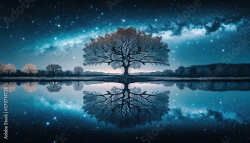  a lone tree is reflected in the still water of a lake under a night sky filled with stars and the milky in the distance,.  generative ai