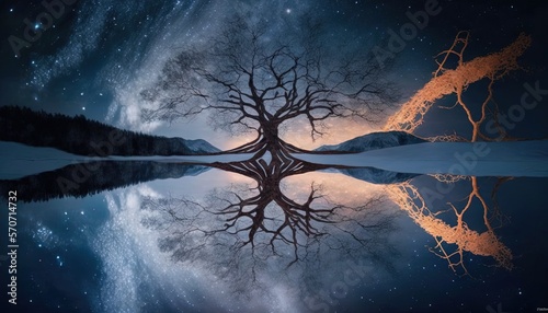 a tree is reflected in the water of a lake at night with stars in the sky and a mountain range in the background with a reflection. generative ai