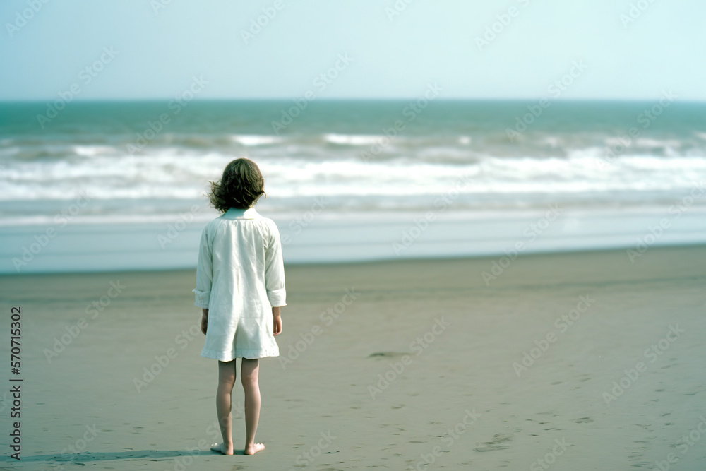 a girl in a white dress stands on the beach, against the backdrop of the sea, standing with his back to the camera, ai art 