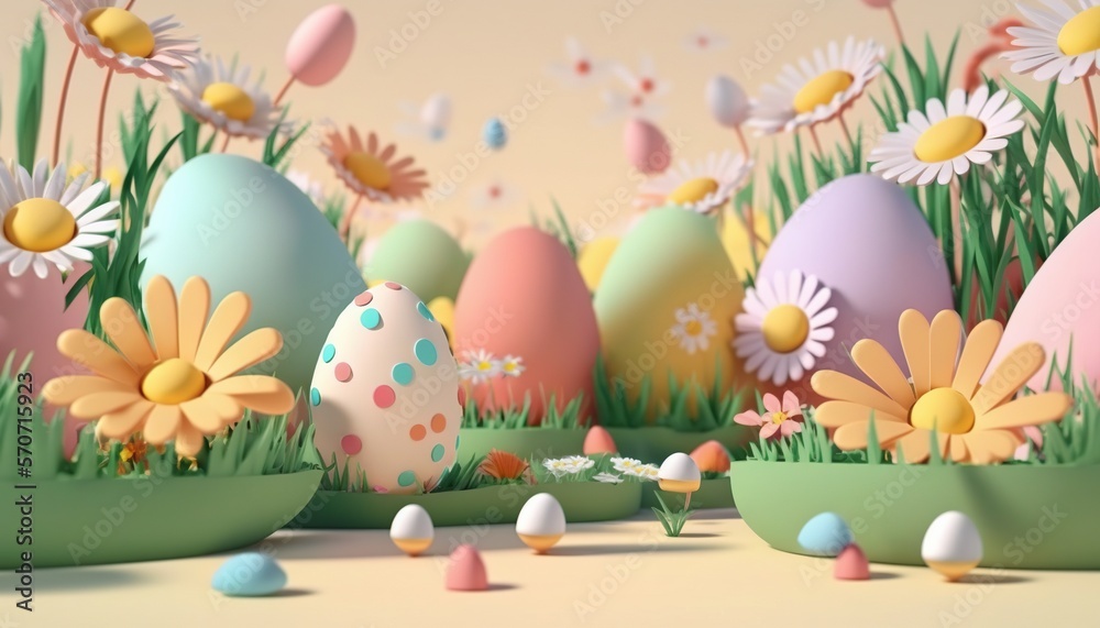  a bunch of eggs that are in the grass with flowers and eggs in the grass around them on a sunny day with a pink sky background.  generative ai