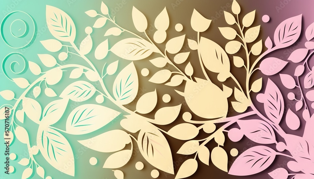  a paper cut out of leaves on a green and pink background with a swirly design.  generative ai
