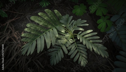  a green plant with large leaves in the dark forest with a dark sky in the back ground and a few green leaves in the foreground. generative ai