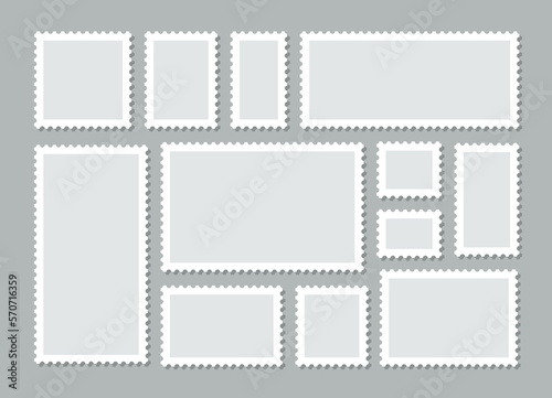 Post stamps. Postage frames set. Empty postal stamp. Rectangular perforated labels. Collection blank borders for mail letter. White paper postmarks isolated on gray background. Vector illustration.