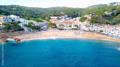 aerial view of the beautiful spanish town of Tamariu in a bay on the Mediterranean Sea with a promenade and a beach, Catalonia, Costa Brava, Girona