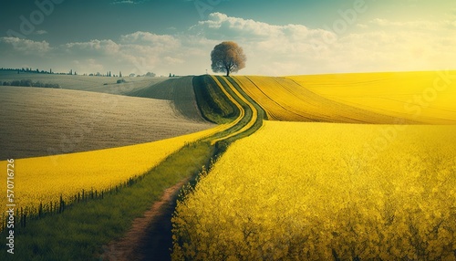  a yellow field with a lone tree in the middle of the field and a path leading to the top of the hill in the distance.  generative ai photo