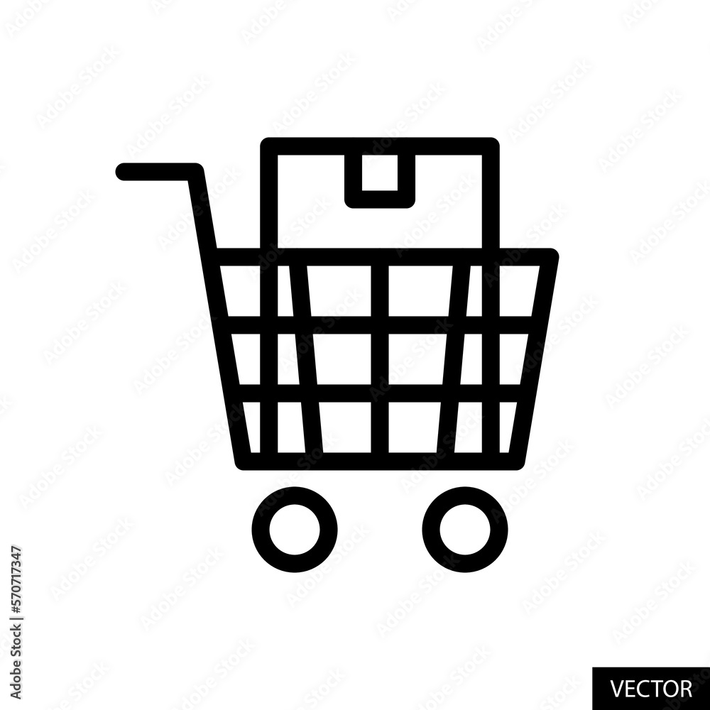 Shopping cart with box vector icon in line style design for website, app, UI, isolated on white background. Editable stroke. Vector illustration.