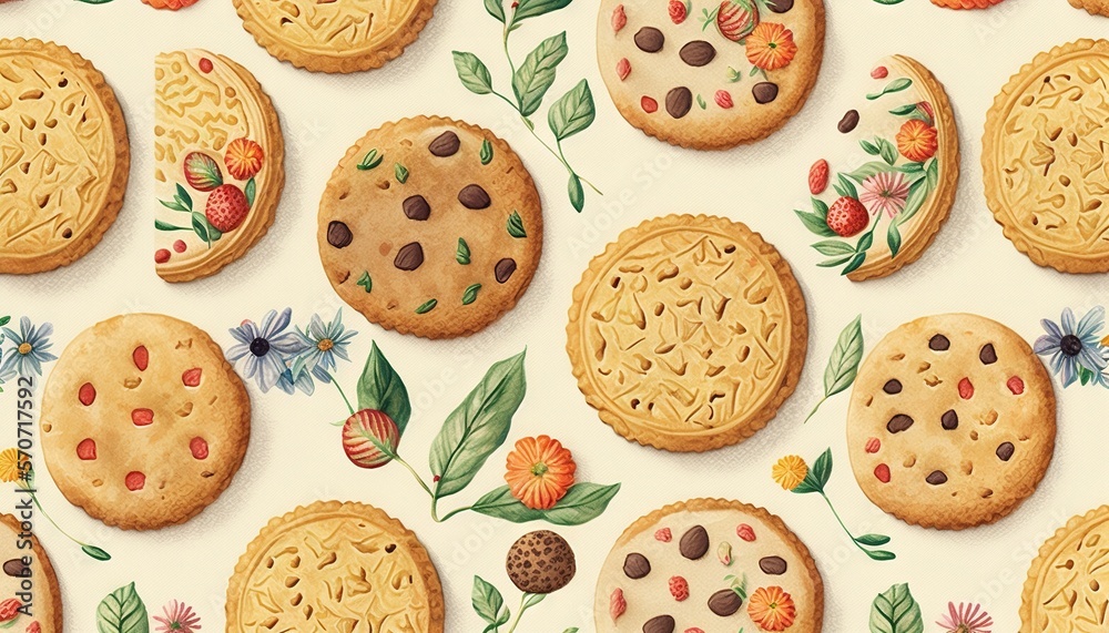 a painting of cookies and flowers on a white surface with leaves and flowers on it and a white background with flowers and leaves on it. generative ai a painting of cookies and flowers on a white surface with leaves and flowers on it and a white background with flowers and leaves on it. generative ai