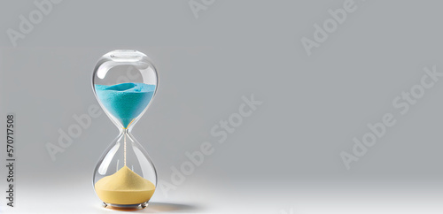 an hourglass on grey background Dead line Banner Space for text on the right