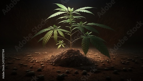  a plant growing out of a pile of dirt in a dark room with a light shining on the ground and a black background behind it.  generative ai © Shanti