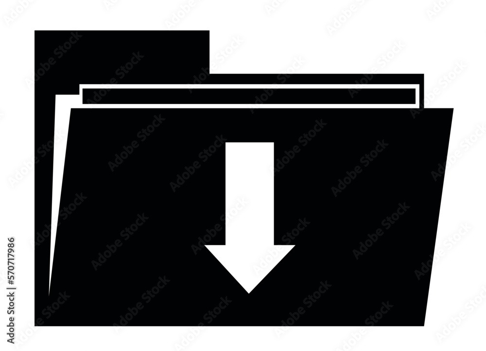 vector illustration icon of a computer folder with a arrow pointing down, in concept of downloading file. Drawn in black and white vector illustration icon of a computer folder with a arrow pointing down, in concept of downloading file. Drawn in black and white