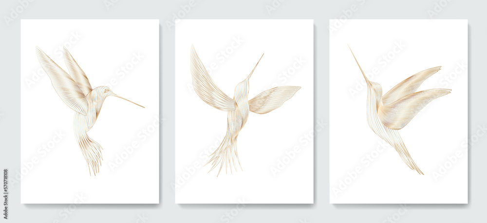 Luxury art background with golden hummingbird birds hand drawn in line style. Animal set for decoration, print, interior design, wallpaper, invitations, packaging.