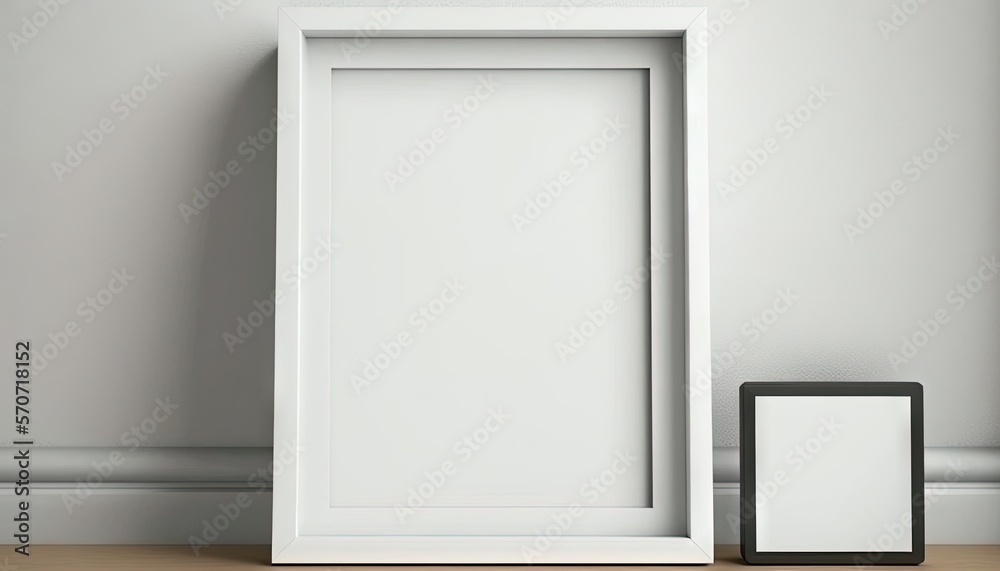 a white picture frame next to a black picture frame on a wooden floor with a white wall in the background and a black picture frame on the floor. generative ai a white picture frame next to a black picture frame on a wooden floor with a white wall in the background and a black picture frame on the floor. generative ai