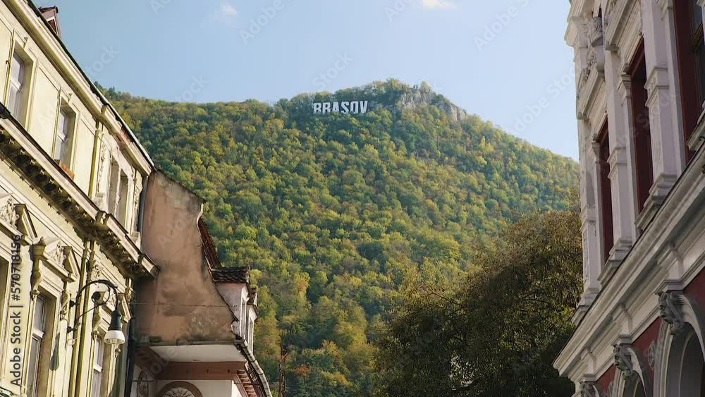 Brasov mountain Tampa with a Hollywood-style sign in Transylvania, Romania