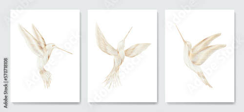 Luxury art background with golden hummingbird birds hand drawn in line style. Animal set for decoration, print, interior design, wallpaper, invitations, packaging.