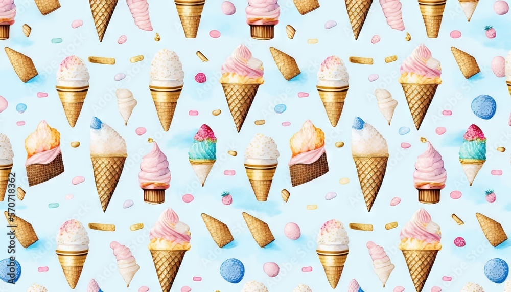 a pattern of ice cream cones with different toppings on a light blue ...