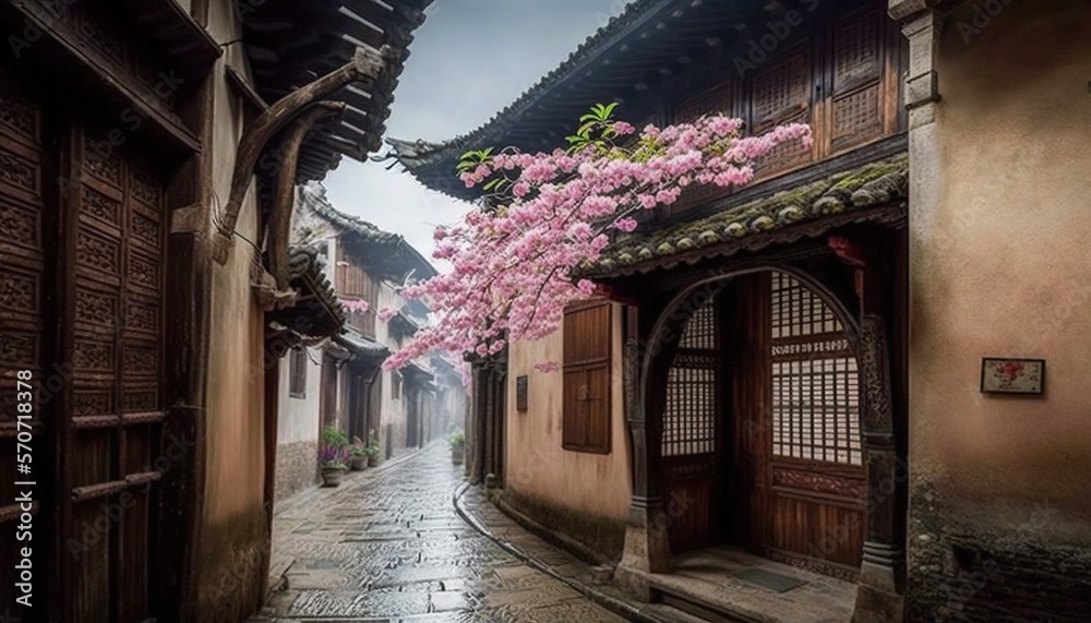  a narrow street with a pink flowering tree in the middle of the alleyway of an old chinese town in the middle of the day.  generative ai