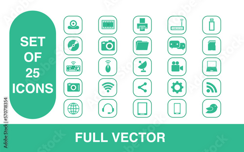 Set of technology icons. internet. communication. marketing. entertainment. connection. flat. vector. symbols with rounded box
