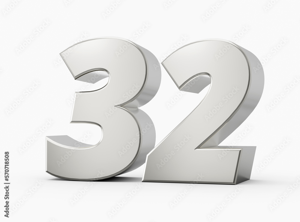 Silver 3d numbers 32 thirty two. Isolated white background 3d illustration Silver 3d numbers 32 thirty two. Isolated white background 3d illustration