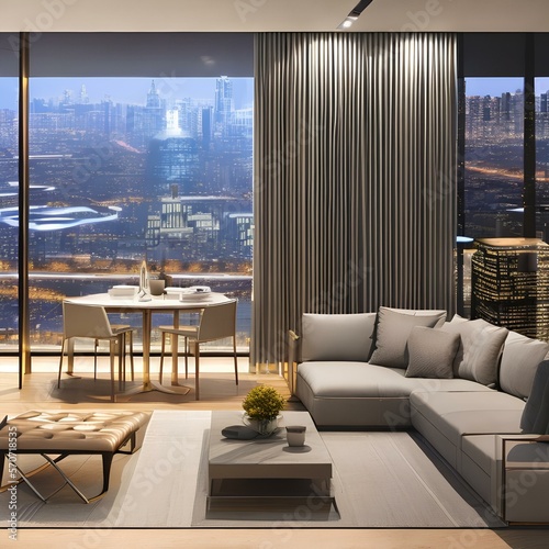 Sleek modern apartment with city skyline views1, Generative AI photo