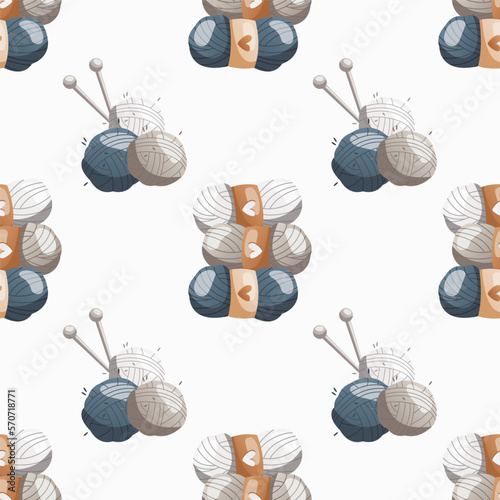 Pattern with balls of wool with needles. Skein of yarn. Tools and equipment for knitwork, handicraft. Handmade needlework, hobby at home. Knitting studio, workshop advertising. 