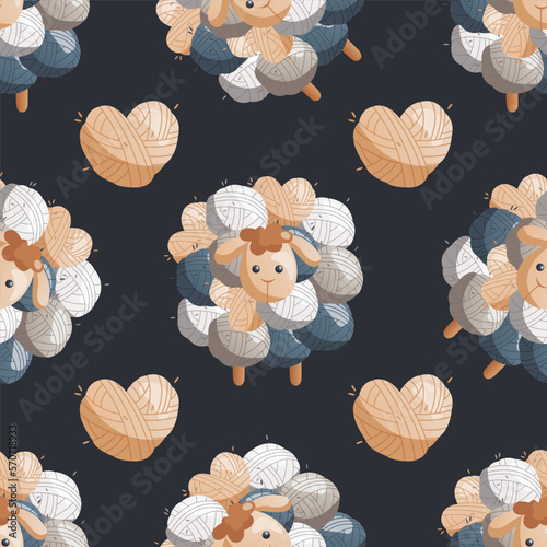 Pattern with toy sheep made of balls of wool. Skein of yarn. Tools and equipment for knitwork, handicraft. Handmade needlework, hobby at home. Knitting studio, workshop advertising. Cartoon vector