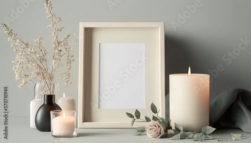  a picture frame, candles, and flowers are on a table next to a candle holder and a vase with a white flower in it.  generative ai