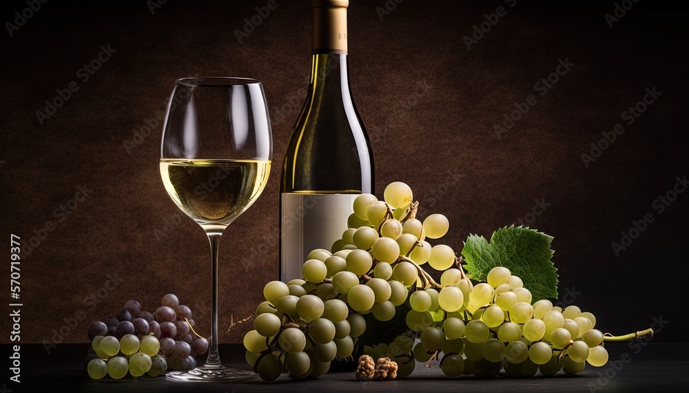  a bottle of wine, a glass of wine, and some grapes on a black table with a brown background and a bunch of green leaves.  generative ai