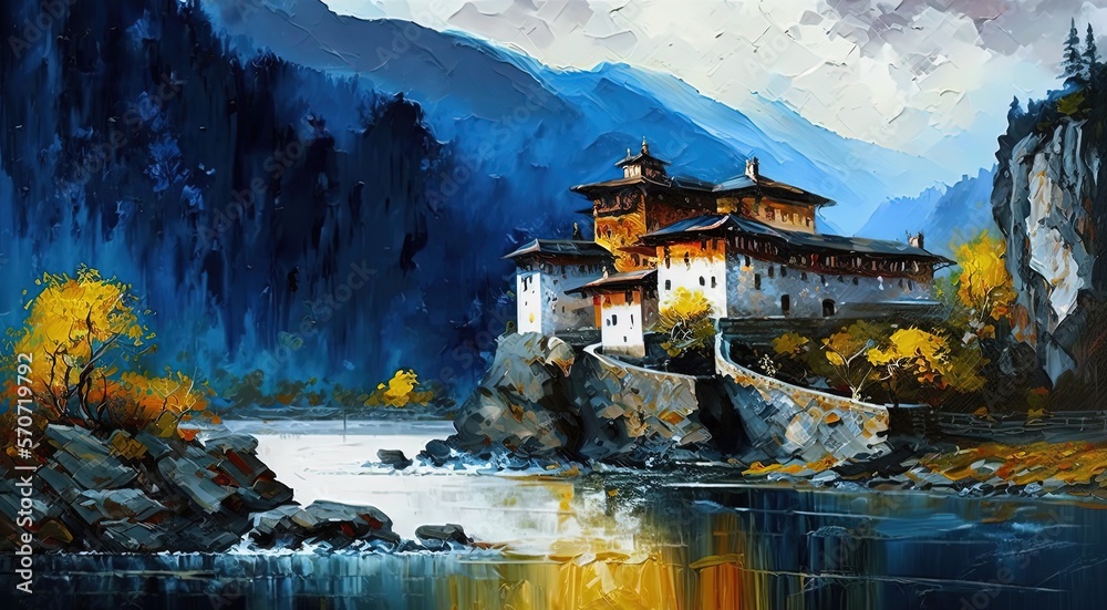 paint like illustration of beautiful village on mountain, inspired from Bhutan or Nepal theme,  Generative Ai